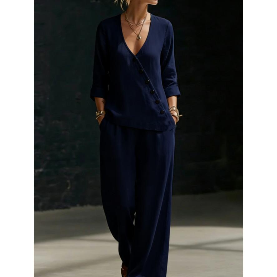YYFS Women's Fashion Casual Spring Fall Solid Color Print Long Sleeve V-Neck Trousers Pants Suits