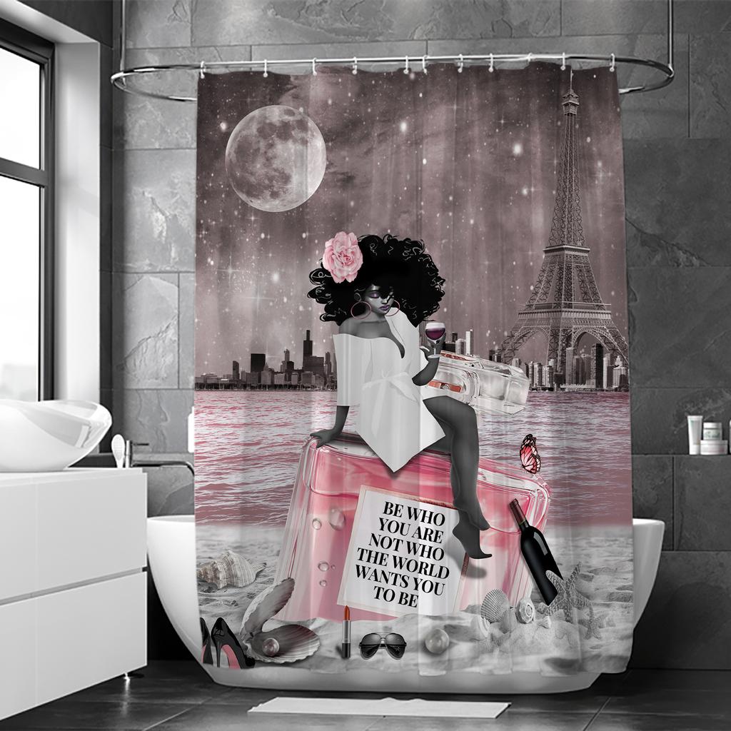Cool Girl Modern Printed Black Shower Curtain Soft Anti-slip With 12 Hooks For Waterproof Durable Bathtub Curtains Bathroom Deco