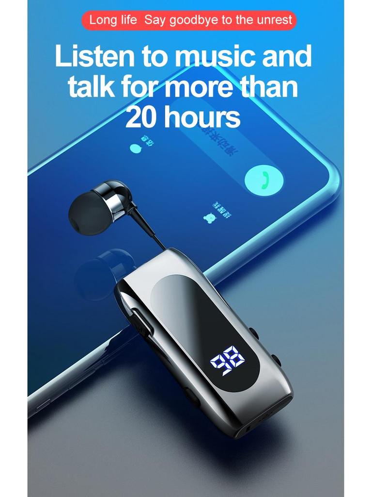 K55 Bluetooth Sports Earphones with Retractable Wire, Large Capacity Clip-On, Noise Cancelling, Digital Display.