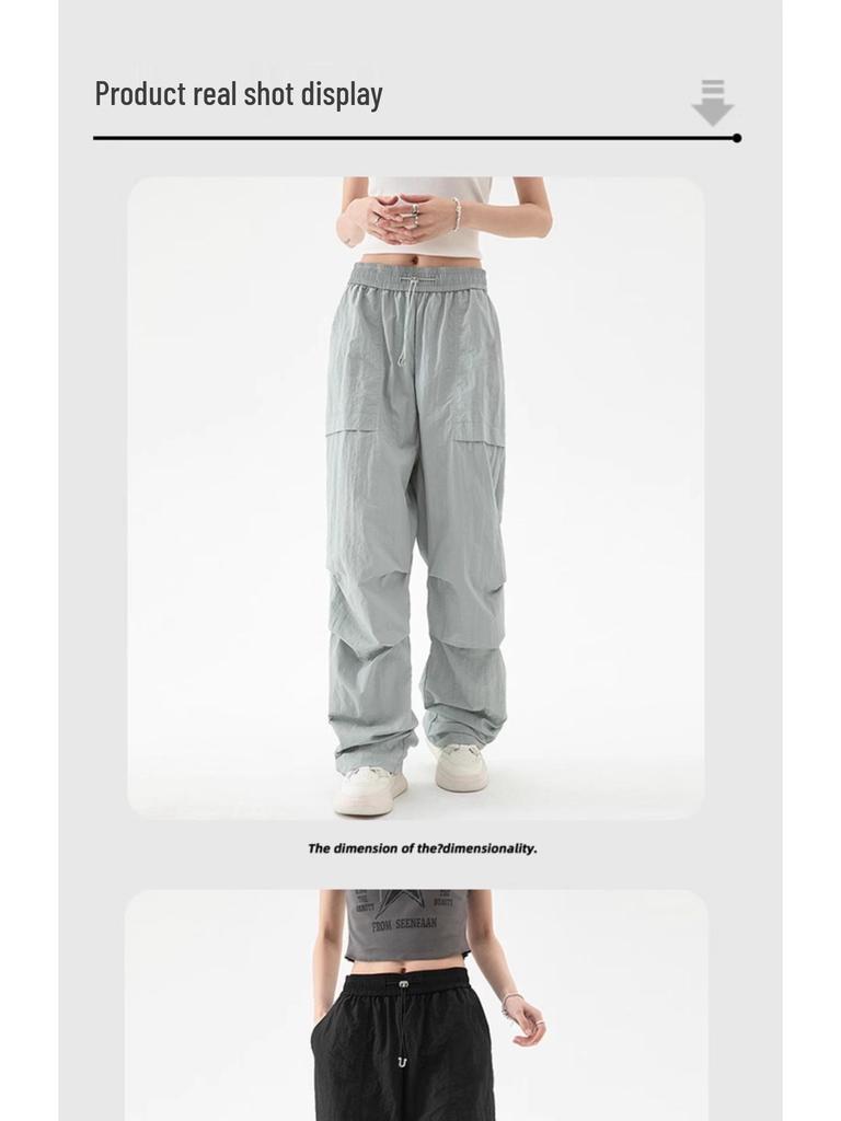 2024 Americké dámské vysokopasé cargo padákové kalhoty: Podzimní větrovka s rovnými nohavicemi pro volnočasové sporty a turistiku