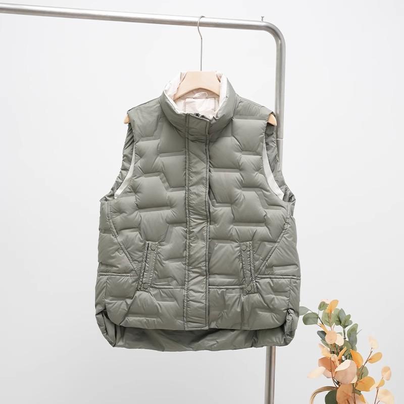 Womens Short Down Vest Winter Warm Puffer Stand Collar Loose Fit White Duck Sleeveless Outerwear