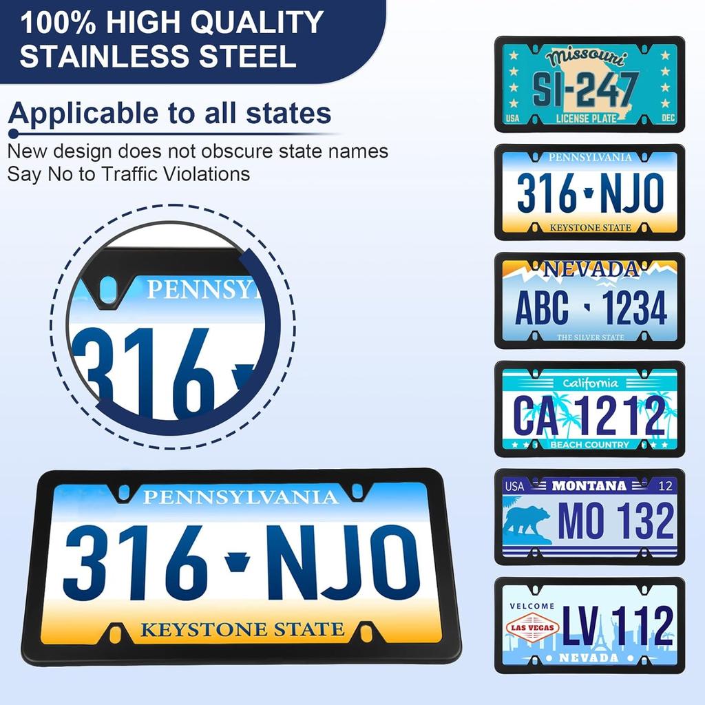 2 Pack Black License Plate Frames, Stainless Steel License Plate Cover, Matte License Plate Holder Car Accessories with Screw Caps (4 Holes)