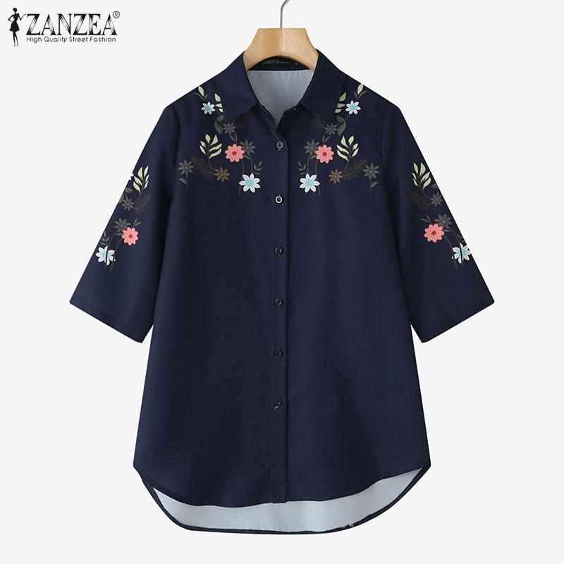 ZANZEA Womens Turn Down Collar Loose Half Sleeve Floral Print Shirts