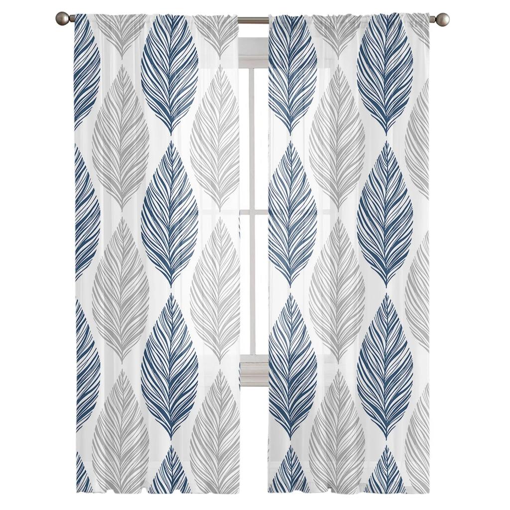 Marineblau-graue Blattstruktur-Tüllvorhänge für Wohnzimmer, Chiffon-Voile, transparenter Fenstervorhang für Schlafzimmer