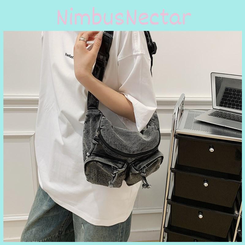 Street Style Denim Shoulder Bag With Multipocket Design For Outdoor Activities And Commuting
