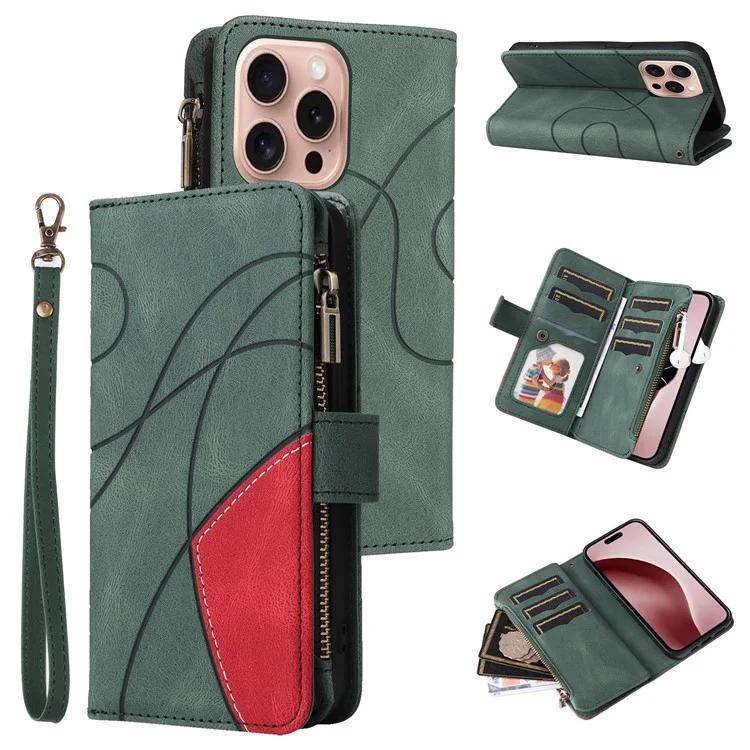 

KT Multi-Function Series-5 For iPhone 16 Pro Cover PU Leather Dual Color Splicing Wallet Cell Phone Case - Green
