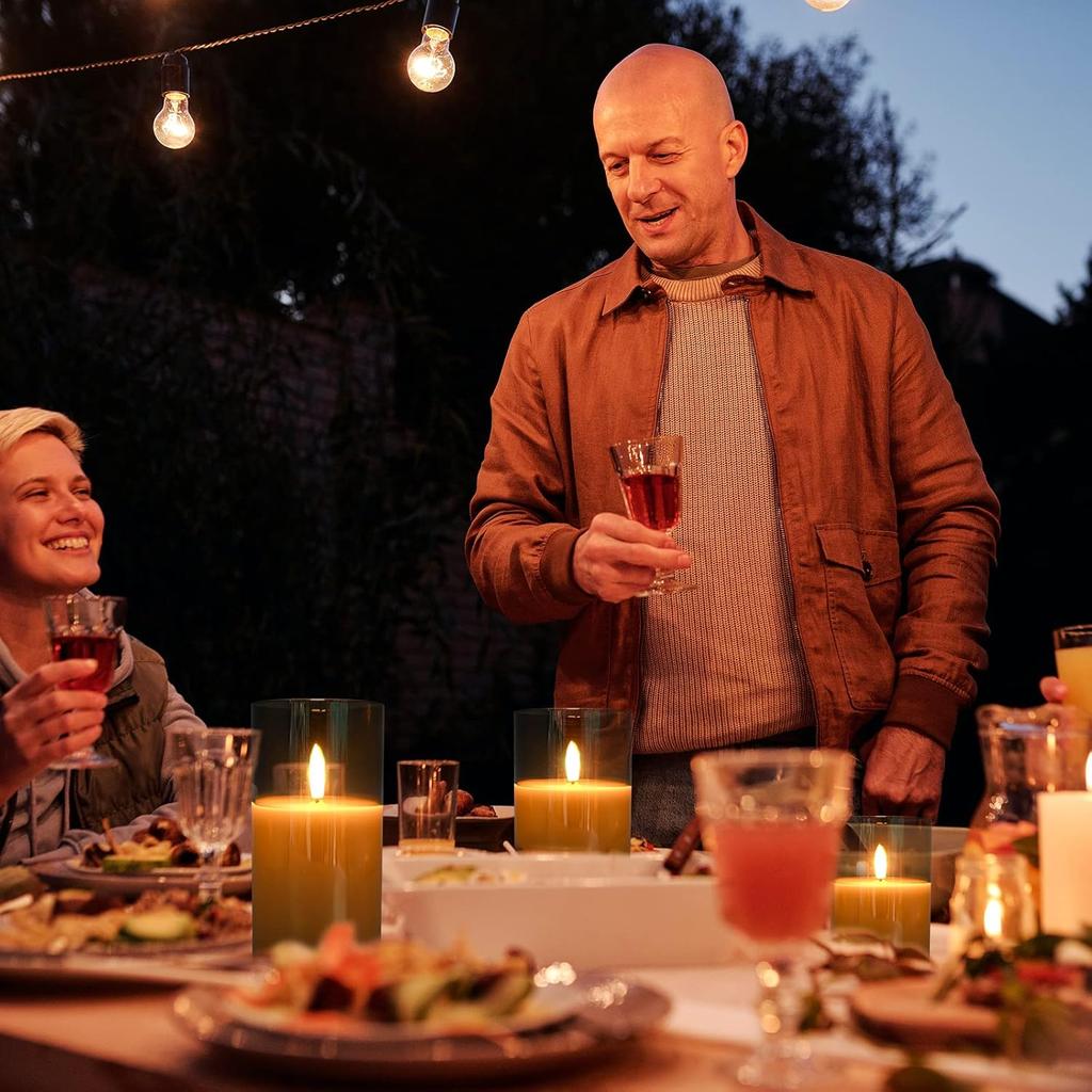 Rechargable Flameless Candles with Timer & Remote Control, Built-in Battery LED Candles, Gray Glass Candles Gift Set, Set of 3 Pillar Flickering