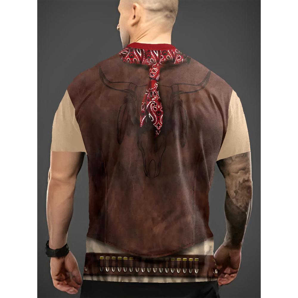 Western Sheriff Fake Two Piece Printed T-Shirt Men's Retro Denim Style Casual Short Sleeve Top