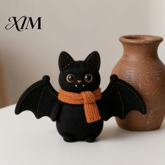 Decorative Wooden Fall Party Supplies Halloween Witch Statue, Retro Felt Style Black Cat Ghost Small Standing Wood Statues Bat Figures for Shelf Desk,