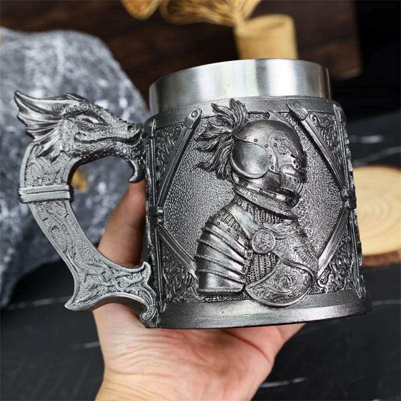 Medieval Knight Beer Mug With Dragon Handle Retro Style Stainless Steel Liner Large Capacity Tankard For Men Gifts
