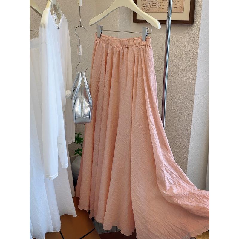 

Japanese and Korean ice Tencel cotton and linen texture pleated skirt women s summer drooping sense casual pendulum A-shaped umbrella skirt long skirt one size fits all темно-рожевого кольору