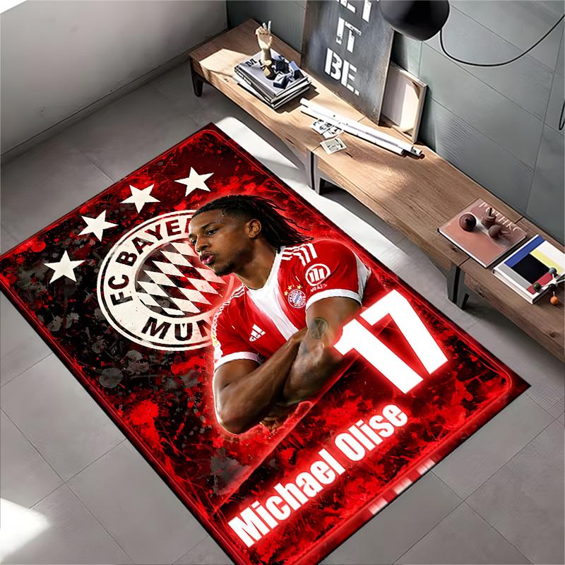 Soccer Star Area Rug, Michael Olise Bayern Munich 17 Red Stars Grunge Crest Print, Football Fan Bedroom Decor, Non-Slip Mat