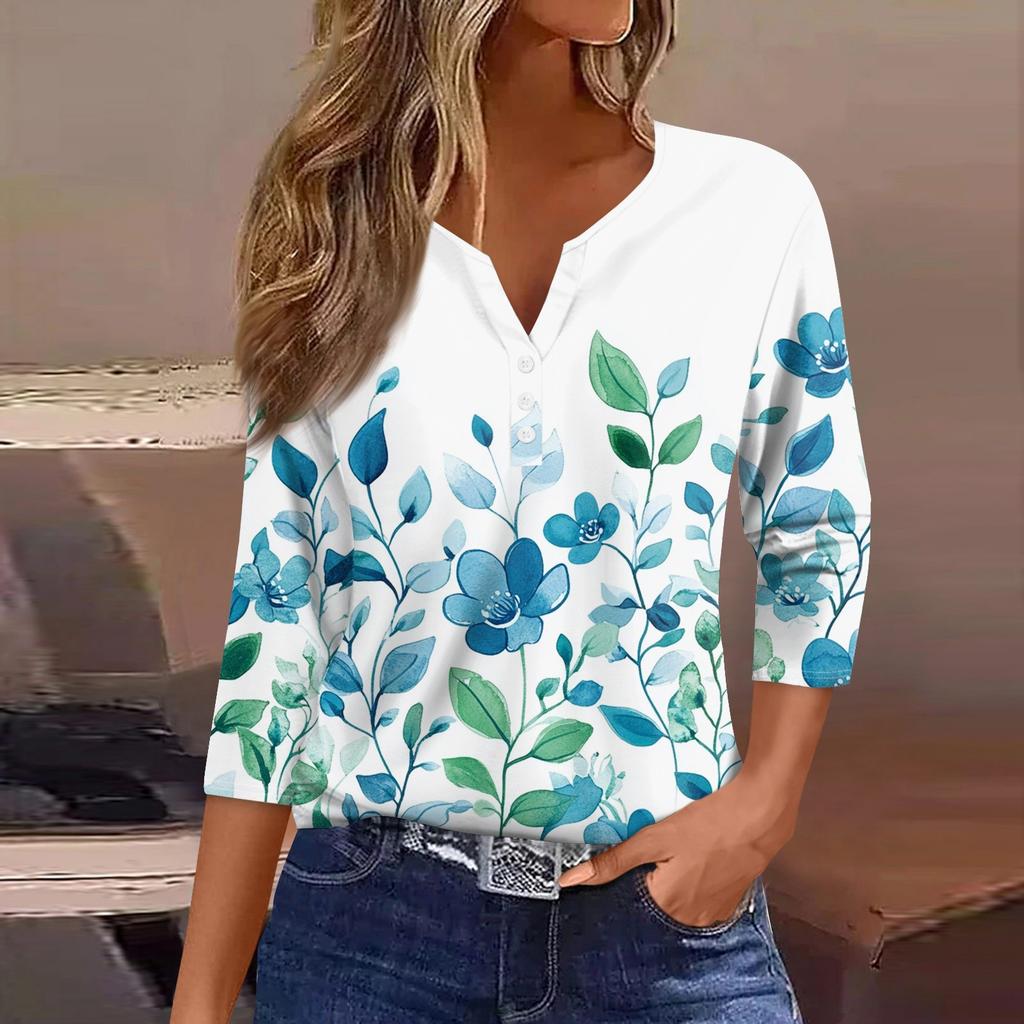 Women's T Shirt Tee Print Button 3/4 Sleeve Daily Weekend Fashion Basic V- Neck Regular Top