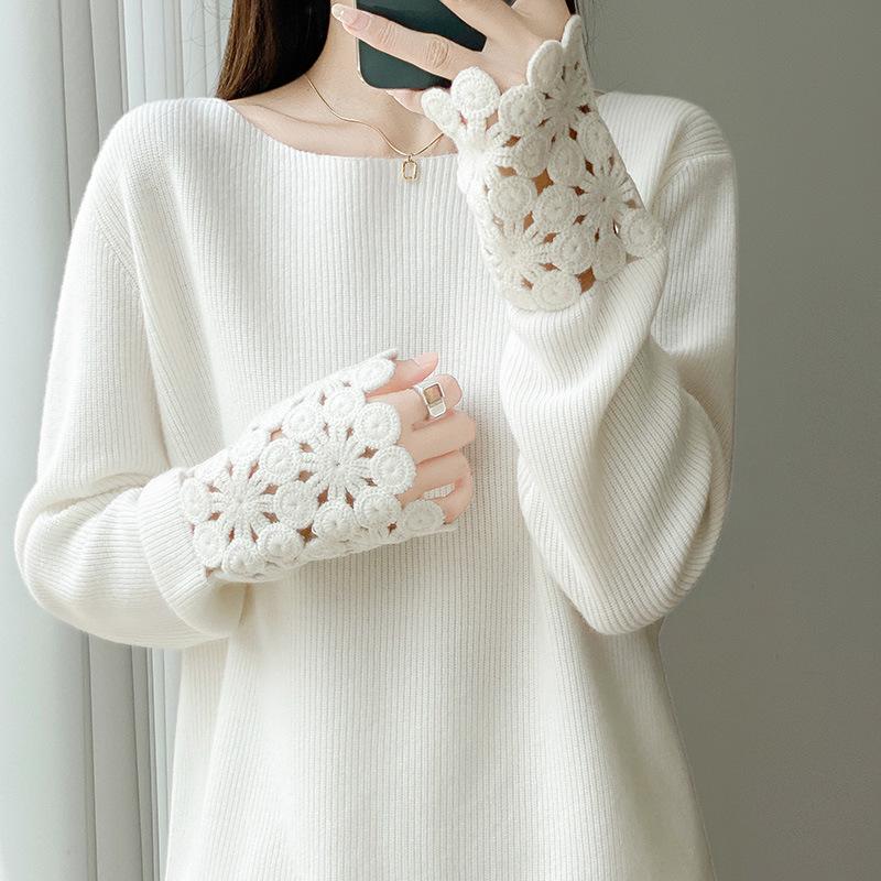 

Autumn/Winter Pure Wool Knit Two-Piece Set: Round Neck Long Sleeve Top & Mid-Length Hollow Crochet Skirt XL