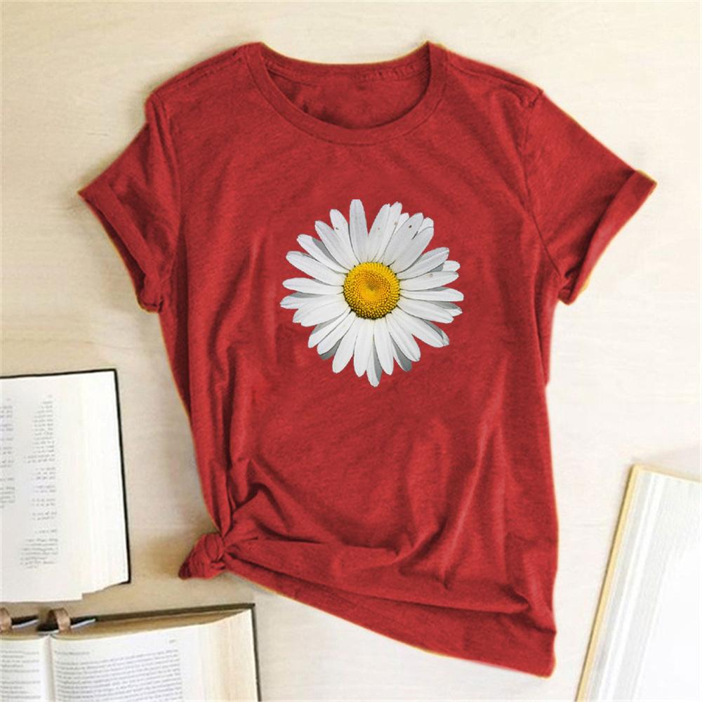 Summer Round Neck Daisy Pattern Printed Top Fashionable Casual Pure Cotton Short Sleeved Women's T-shirts