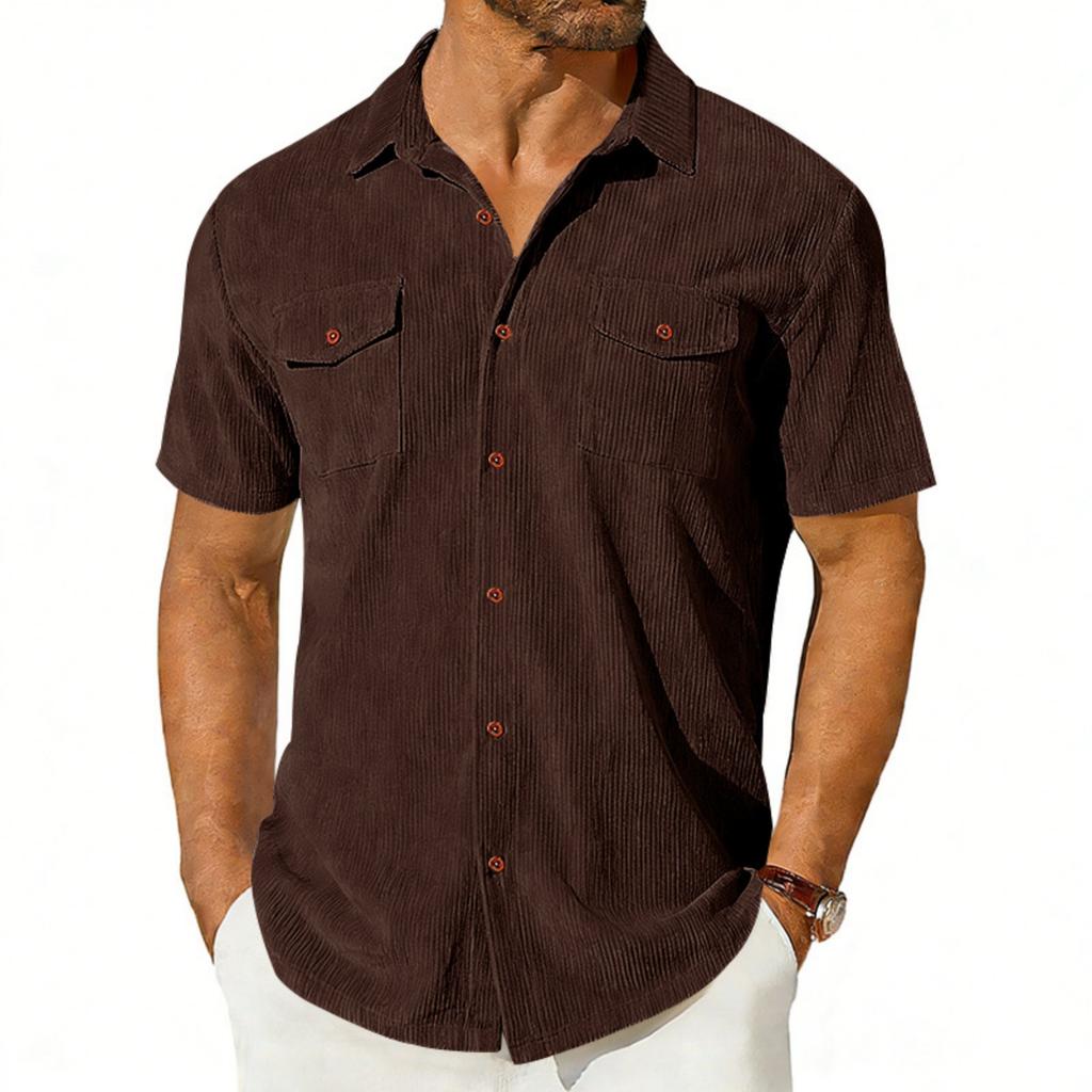 Camisa de pana americana pesada para hombre, de manga corta, holgada, para exteriores, con solapa y bolsillos de carga