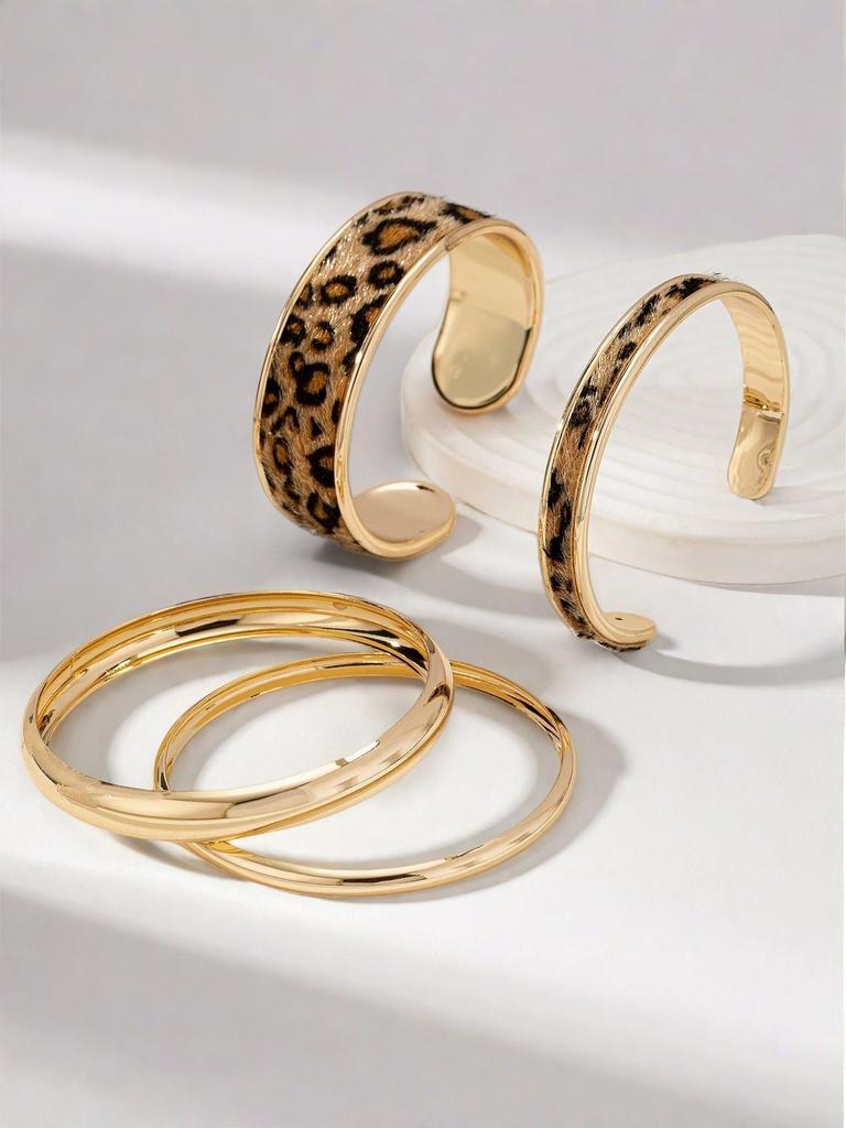 4PCS Spice Girl Sweet and Cool Leopard Print Bracelet Glossy Stacked Bracelet Set Street Trend Niche Jewelry