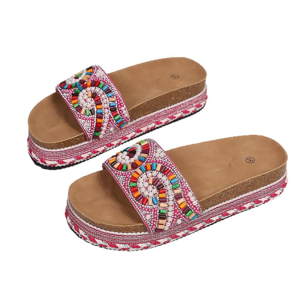 Summer Women Ethnic Style Flat Wooden Slippers With Rubber Sole For Beach Wear