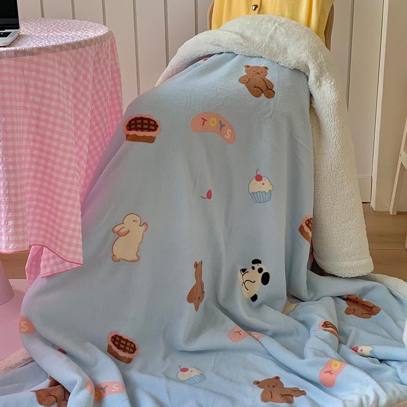 Double-Layer Cartoon Puppy Fleece Blanket Thick Warm Faux Lambs Wool Throw Blankets for Sofa Bed Autumn Winter Soft Plush Plaid
