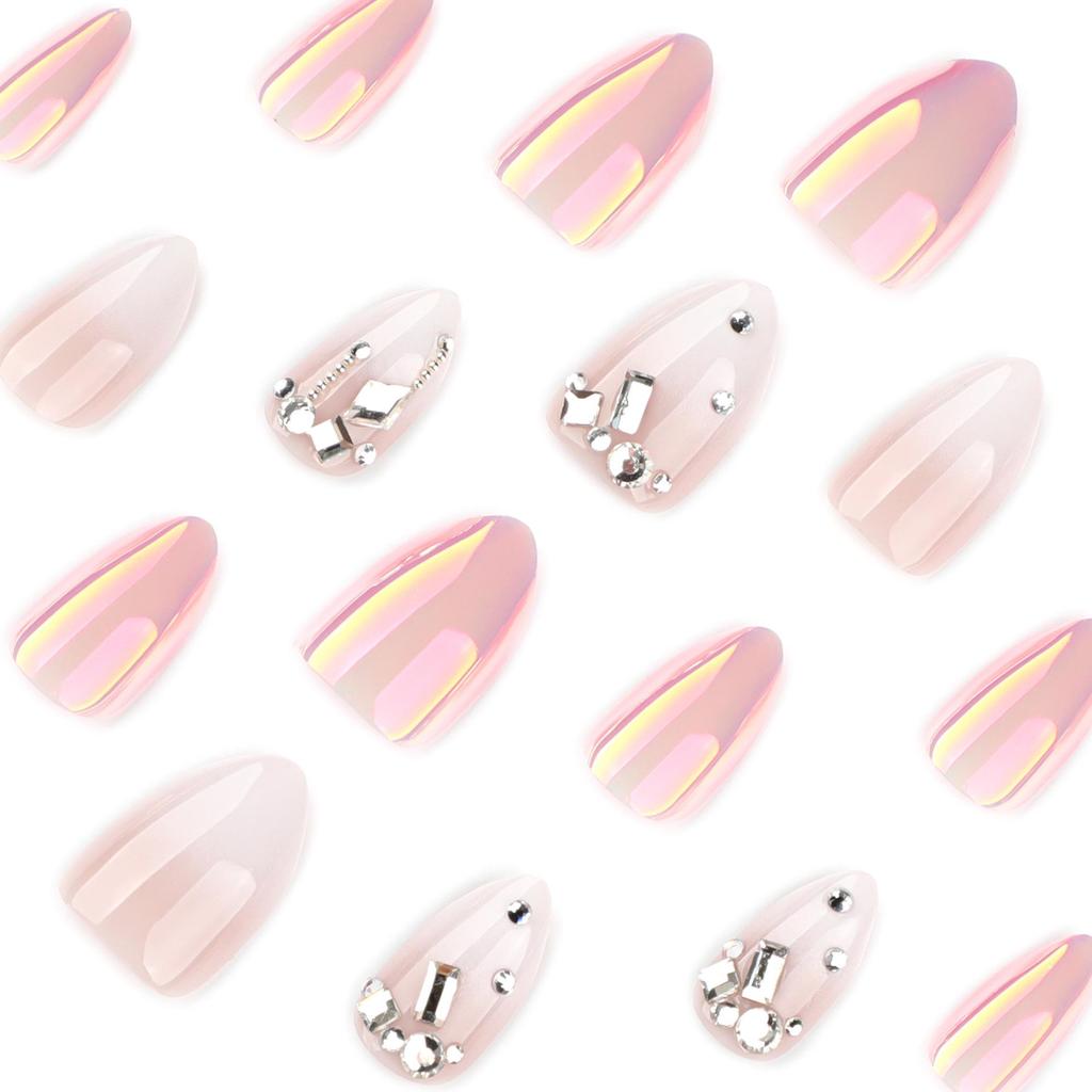 French White Gradient Rhinestone Almond-Shaped Fake Nails