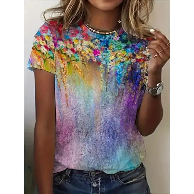 Summer Elegant Temperament Retro 3D Flower Pattern Printed Round Neck Short Sleeved Women's T-shirts
