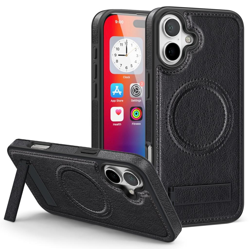 For iPhone 16 Plus Case Compatible with MagSafe with Folded Kickstand PC Silicone Leather Phone Back Cover