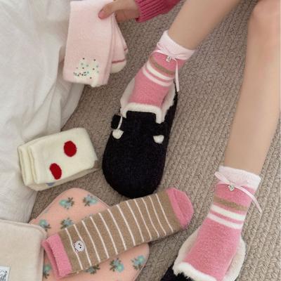 Ladies Autumn and Winter Warm Assorted Polka Dot Cartoon Embroidered Bowknot In The Tube Socks