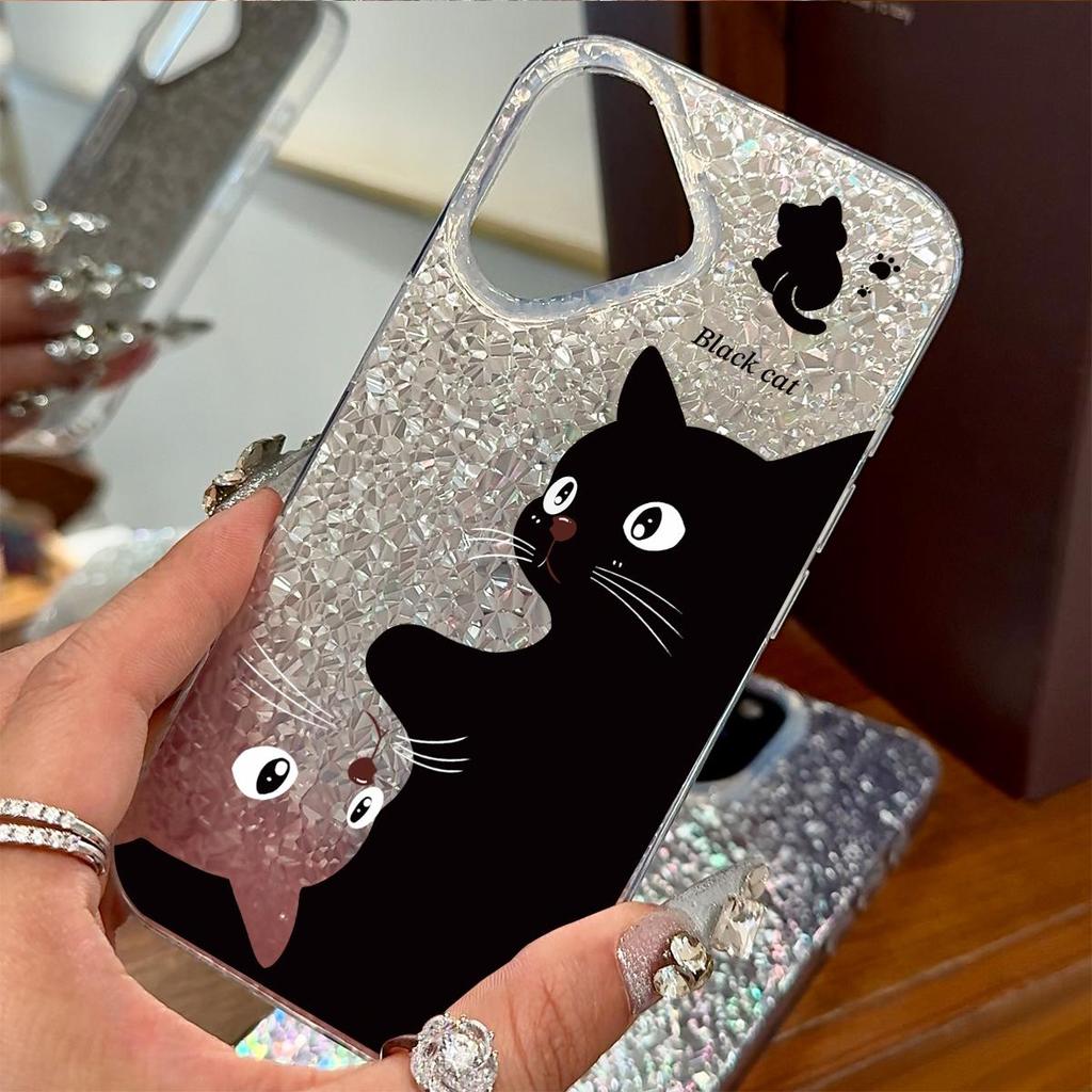 Case for iphone 14 12 XR Air 18 Pro Max XS Max 17 Pro 16 Plus 11 13 15 Black & White Cats Sparkle Crackle Foil Acrylic TPU Phone Case