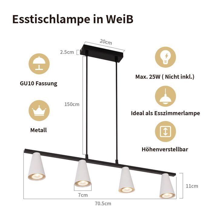 Lampe suspendue - NETTLIFE - 4 ampoules - Blanc - Métal - Culot GU10