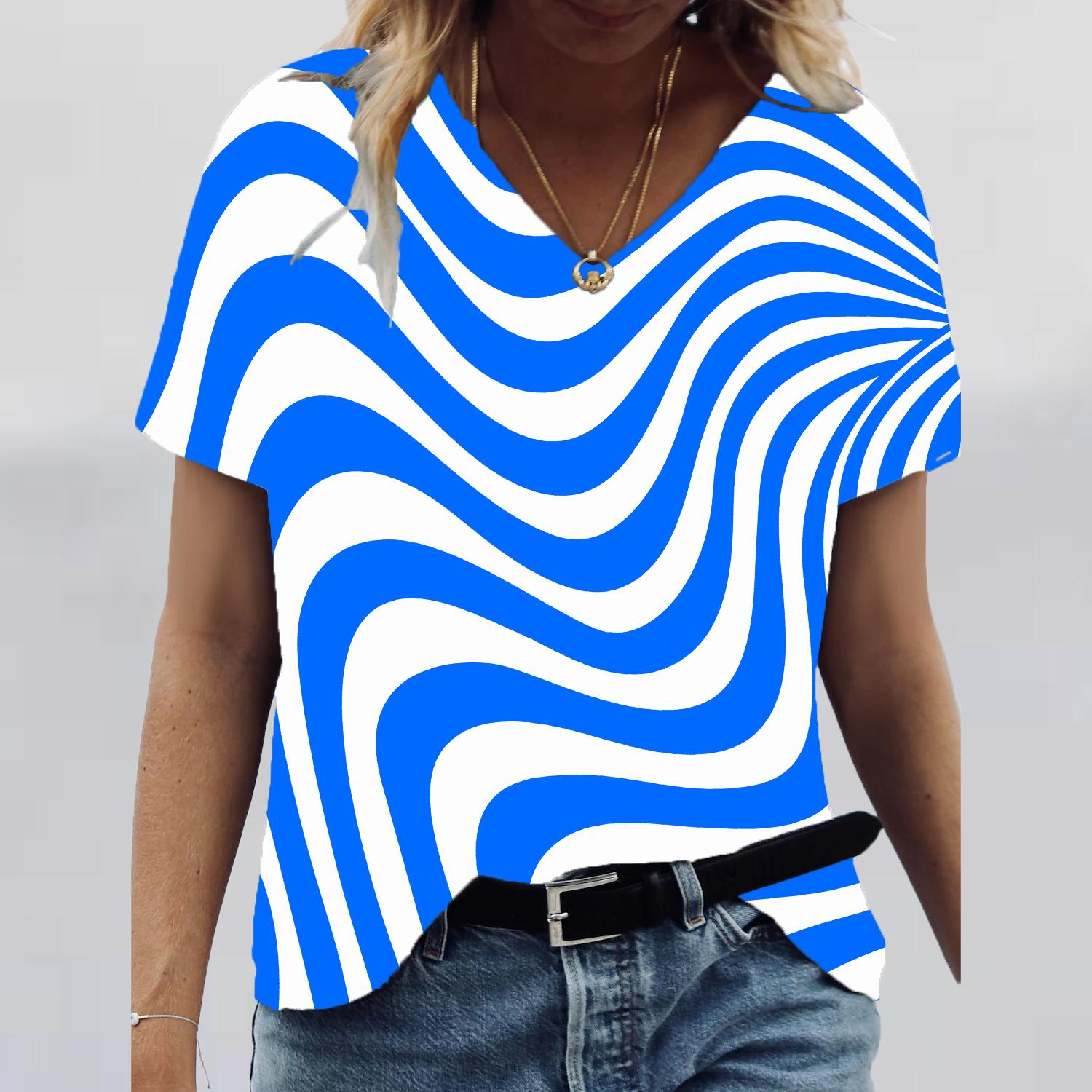

Женские топы с v-образным вырезом и короткими рукавами, изогнутые линии, принт, свободная футболка, повседневная блузка 8XL синий