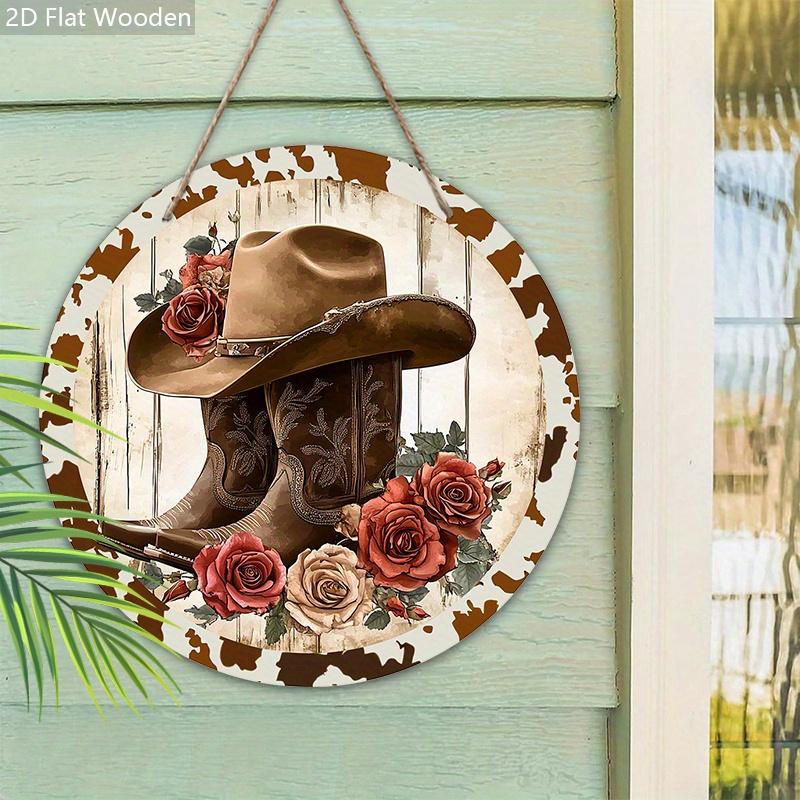 Cowboy Style Wooden Sign with Boots & Flowers Pattern - Retro Round Sign for Front Door, Wall Decor - Ideal Hanging Plaque Party Decoration