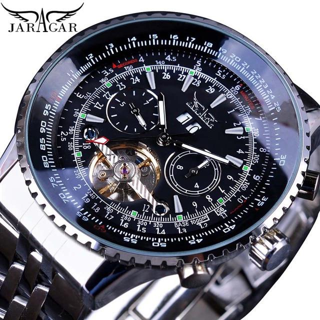 JARAGAR Flying Series Golden Bezel Scale Dial Design Stainless Steel Mens Watch Top Brand Luxury Automatic Mechanical Watch