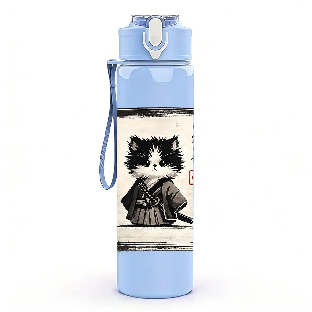 1PC Cat Sketch Black White Art Print 750ml Color Plastic Sports Water Bottle Leakproof Flip Straw Lid Suitable for Sports Office Home Use