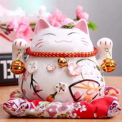 4.5 inch Ceramic Maneki Neko Statue Lucky Cat Money Box Fortune Cat Figurine Piggy Bank Home Decor Gift Feng Shui Ornament