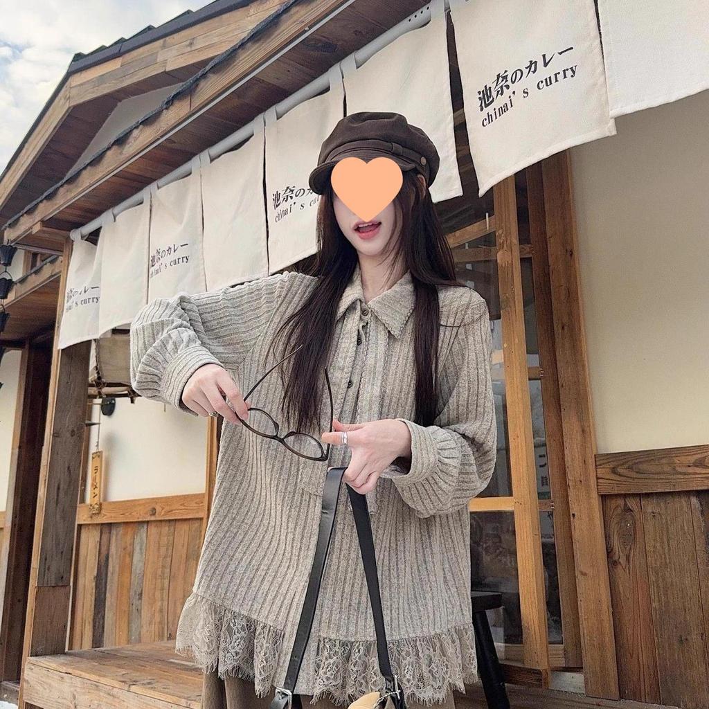 Women's Retro Lace Patchwork Knit Long Sleeve Shirt - Autumn/Winter 2025 Collection, Loose-Fit with Unique Design.