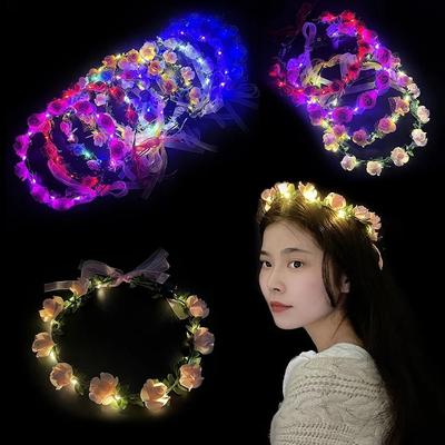Guirlande Lumineuse LED Fleur de Rose Brillante Décoration Couronne Bandeau Fleuri pour Cheveux Femmes