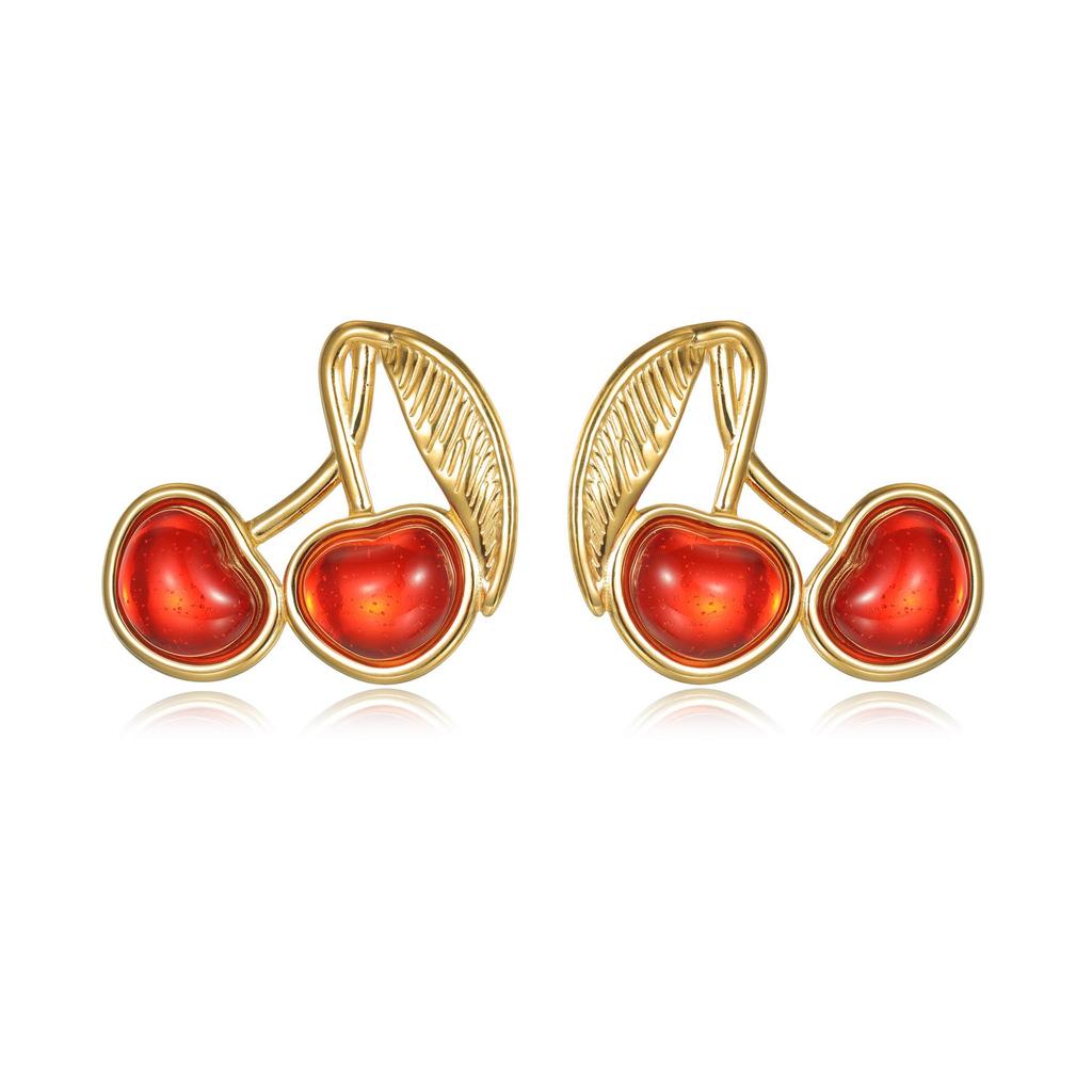 Exquisite Inlaid Diamond Fruit Series Stud Earrings: Apple & Cherry - Luxurious Christmas Style