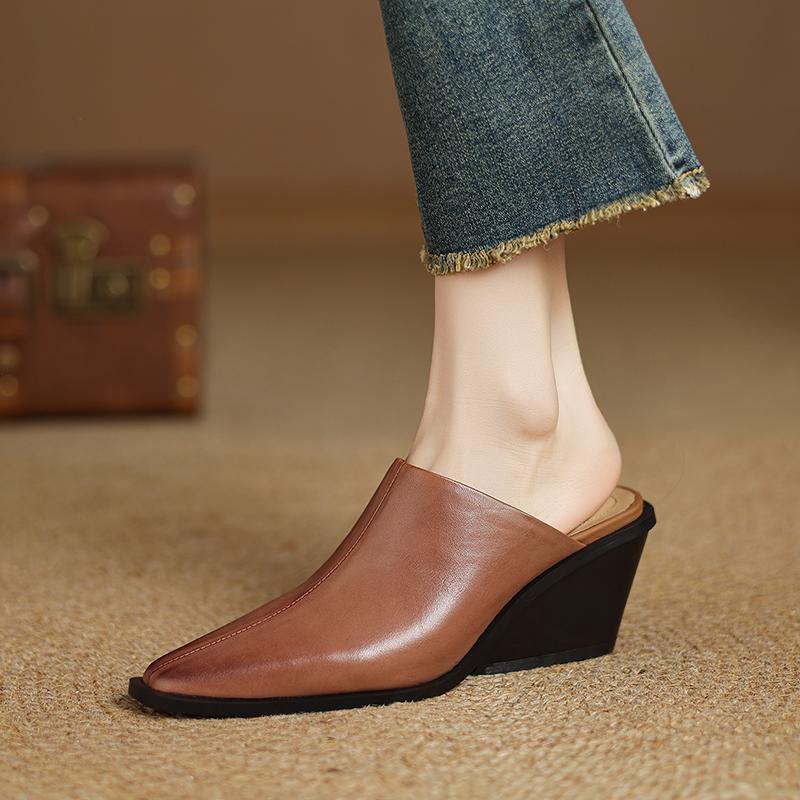 Fashion 2025 New Summer Women Mules Genuine Leather Women Shoes Pointed Toe Wedges Shoes High Heel Women Sandals Metal Modern Slippers