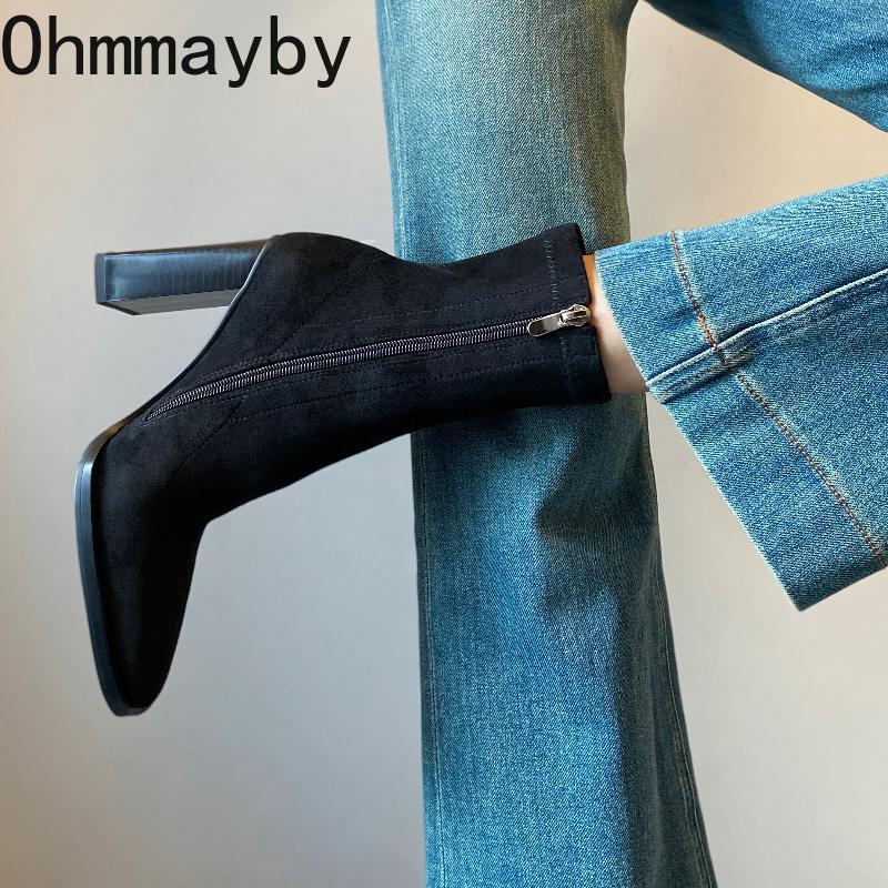 Winter Street Style Eckige Zehen Damen Stiefeletten Prägnante Dicke Absätze Schuhe Weiblich Vintage Kurze Stiefeletten De Muje