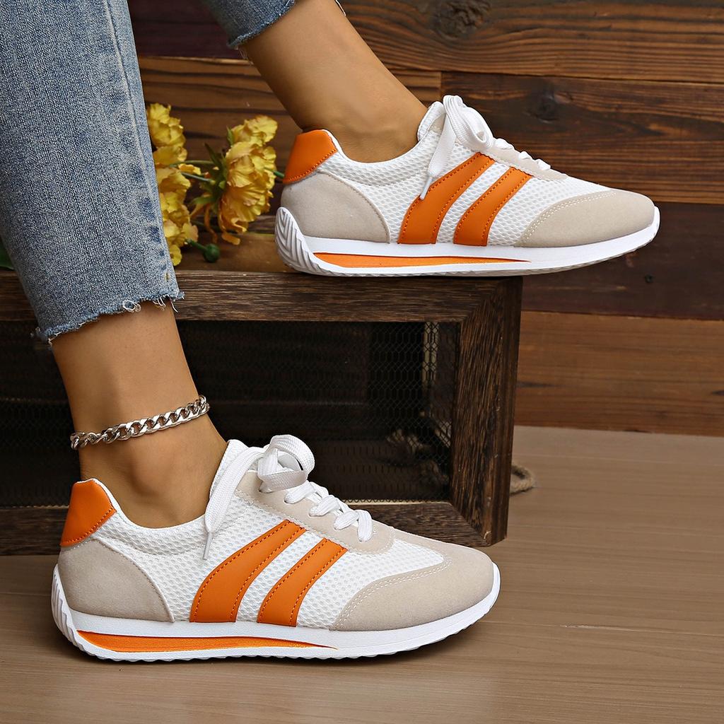 Damskie Lekkie Buty Sportowe - Białe i Pomarańczowe Ozdobne Sznurowane Buty, Oddychające Buty Fitness - Całoroczna Amortyzowana Podeszwa Antypoślizgowa