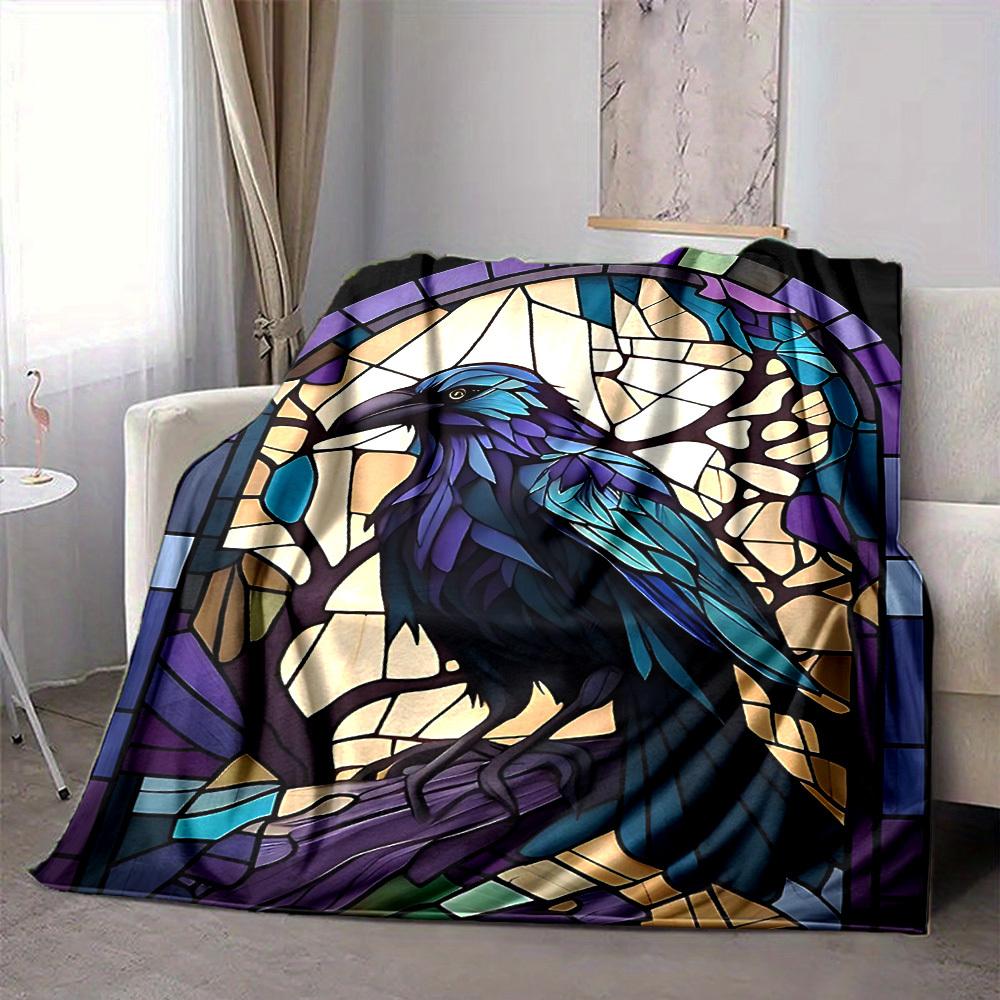 1pc Stained Glass Raven Print Blanket Lightweight Flannel Throw Blanket For Sofa, Bed, Living Room, Office, Outdoor Travel, Camping