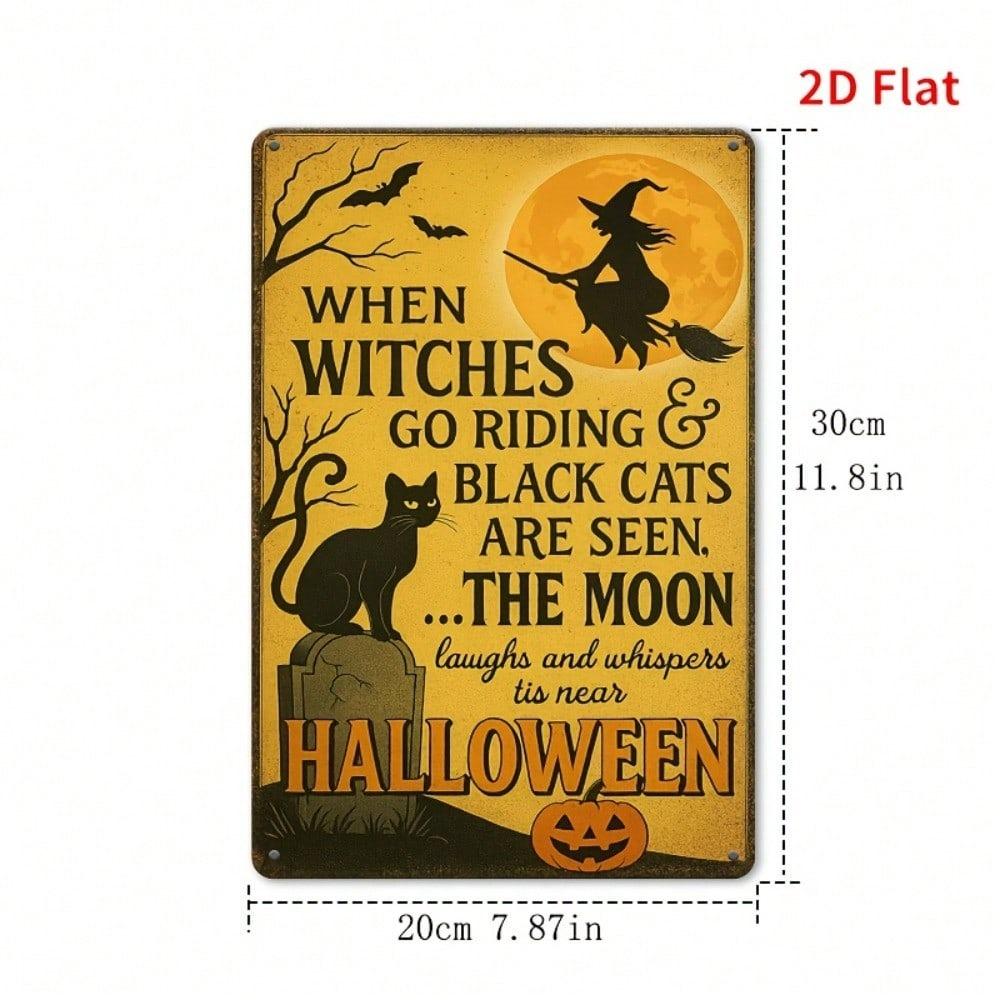 Vintage Halloween Metal Sign 8x12, Funny Black Cat Witch Tin Plaque, Retro Wall Art for Home Bar Cafe