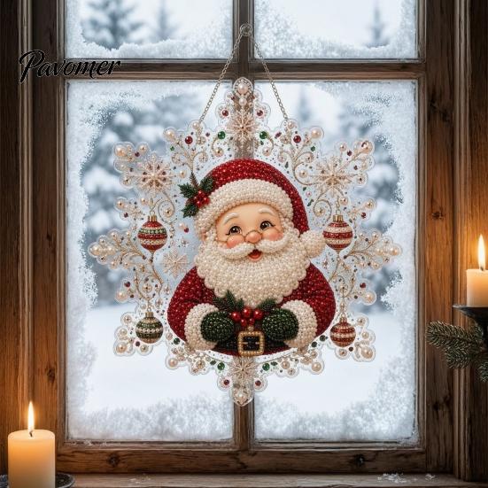 Acrylic Beaded Art Supplies Christmas Faux Pearl Painting Suncatcher Kit, Snowflake Shape Board Decorative Hanging Window with Lace Edge, 3D