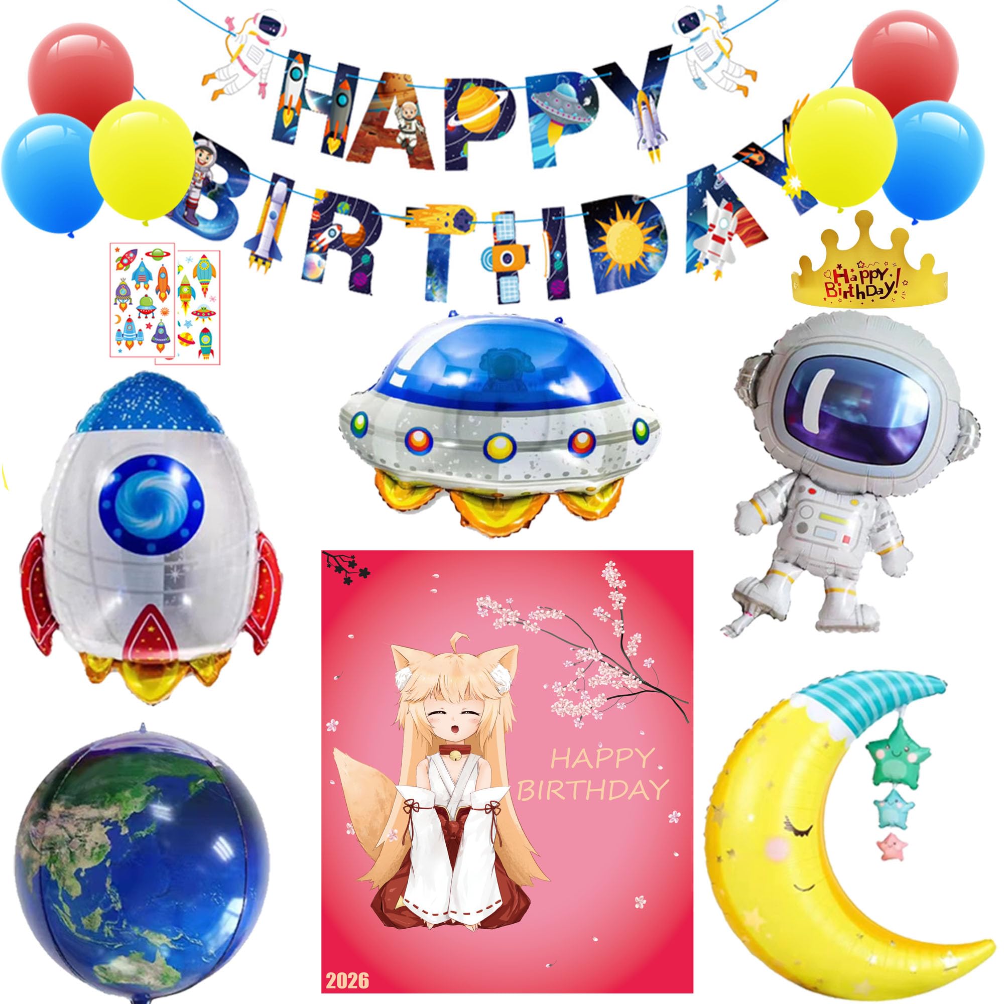 REZEBA Space Birthday Decoration Set Balloons Banner Rocket UFO Earth Moon Astronaut 3D Foil Balloon Triangle Hat Stickers Boys Girls