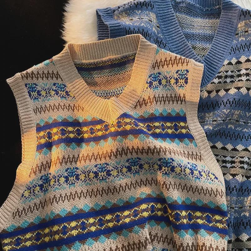 Męski sweter bez rękawów w stylu japońskim retro z dekoltem w serek – Modny, casualowy, bez rękawów i idealny na wiosnę.