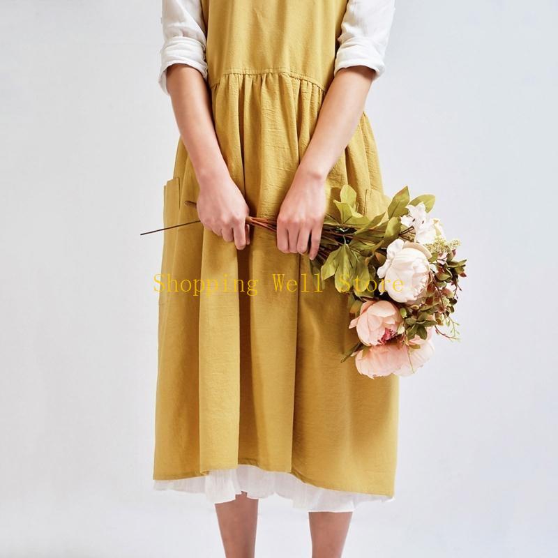 

KX4B Бавовняно-льняний фартух для жінок Вінтажний фартух-сукня з кишенею для випічки, кулінарії, садівництва, роботи China Mainland