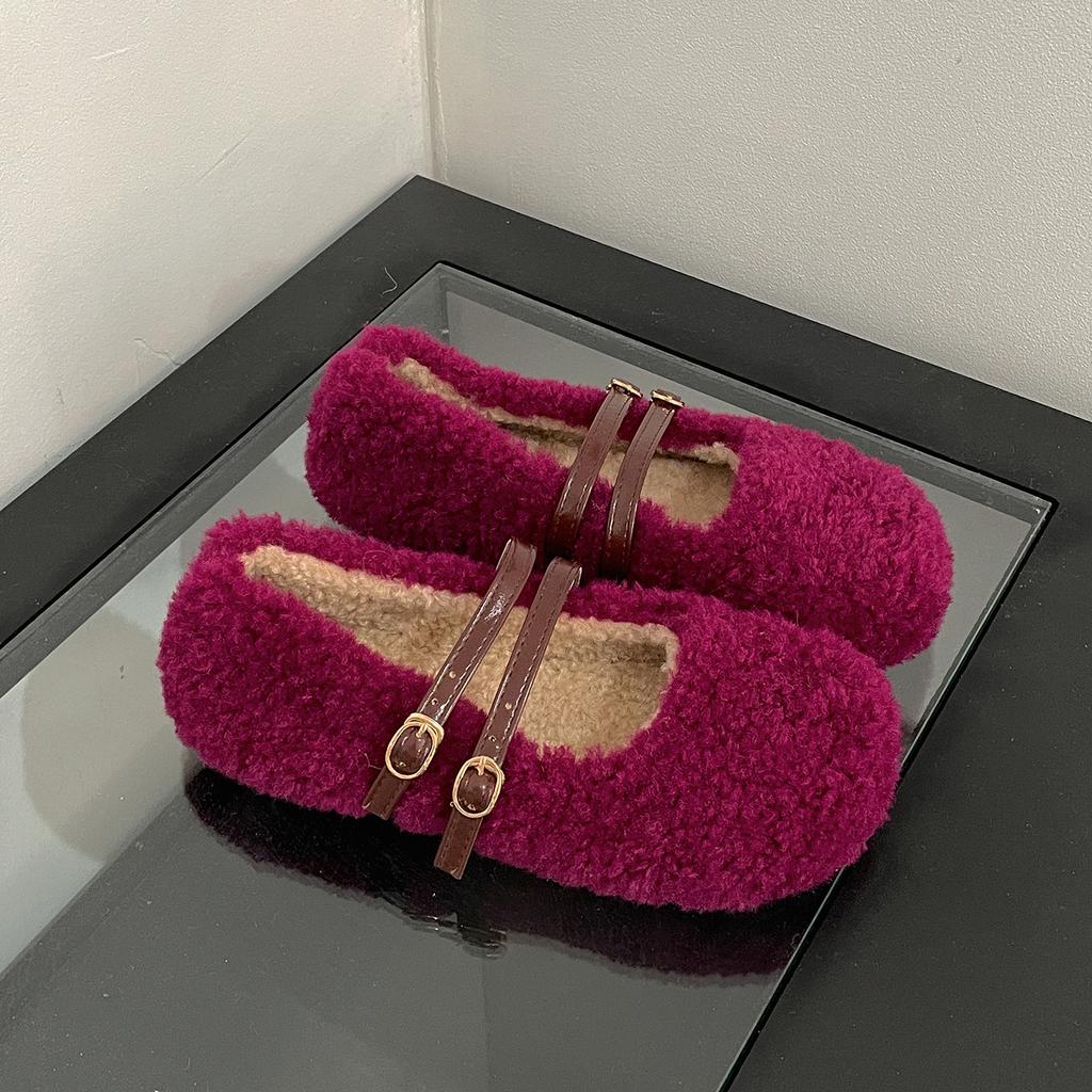 Fashion Autumn Winter Women Fur Flats Shoes Concise Comfort Street Style Soft Sole Female Dress Short Plush Mary Jane Shoes