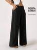 Women's Cotton And Linen Wide Leg Pants, Mid Waist Pants, Casual  Color With Pockets