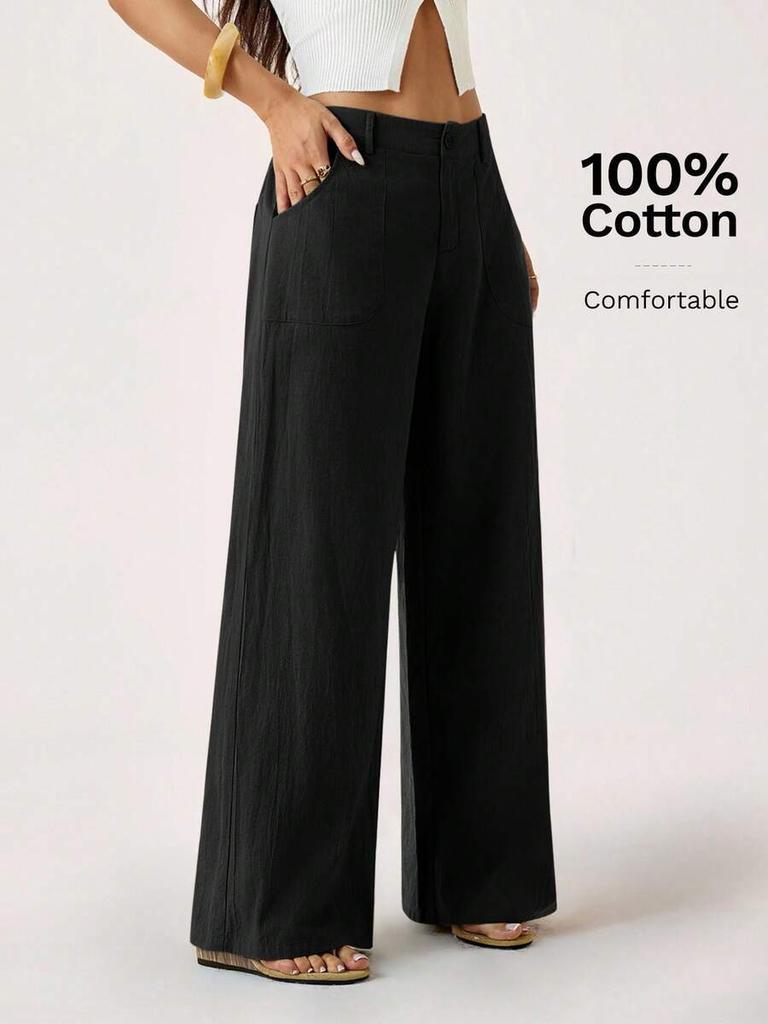 Women's Cotton And Linen Wide Leg Pants, Mid Waist Pants, Casual  Color With Pockets