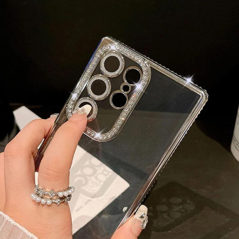 Rhinestone Transparent Phone Cases For Samsung Galaxy S26 S25 Ultra S24 S23 A15 A16 A55 A56 Electroplating Back Cover